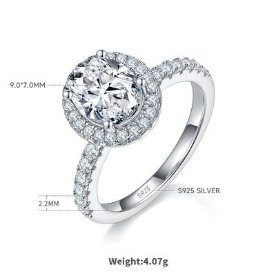 Light Luxury Oval s925 Silver Plated Platinum Moissanite Women's Wedding Ring 2.0 Carat D Color